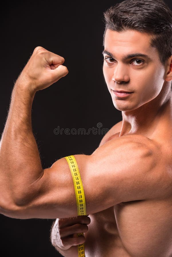 Muscular Bodybuilder Measuring Shoulders Tape Measure Stock Photo 324439379