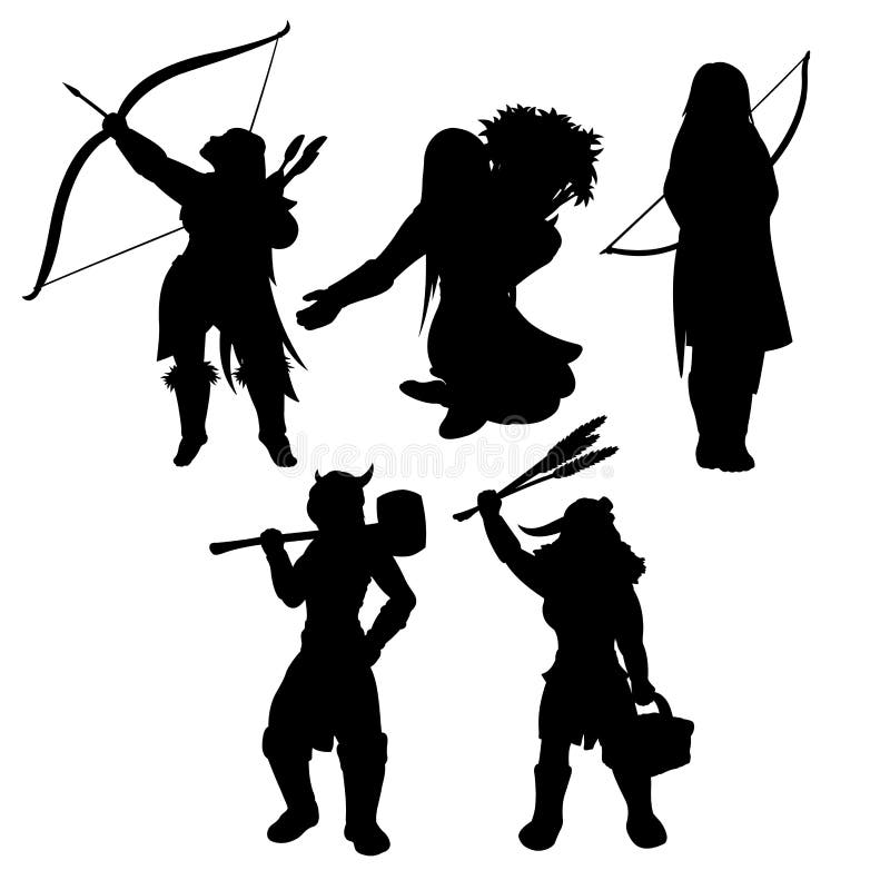Strong medieval girls vector silhouettes set on white background. Strong medieval girls vector silhouettes set on white background