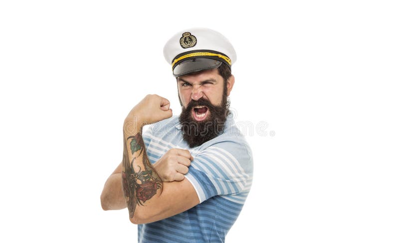 Strong Muscles. Sailor Spirit. Bearded Sailor Isolated on White. Sailor