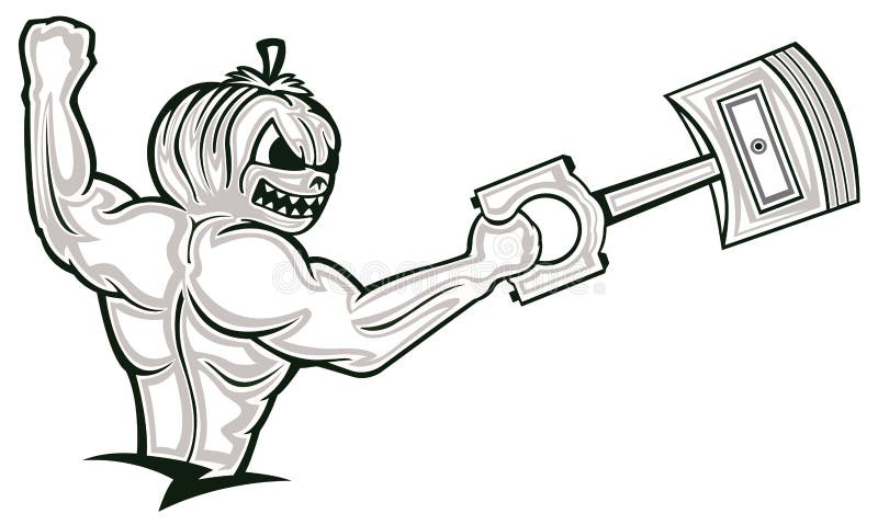 Strong Muscular Pumpkin Monster Holding Big Piston Cartoon Character. Black  and White Illustration Stock Vector - Illustration of cartoon, motocross:  84418770