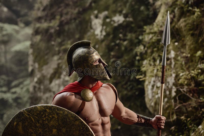 Confident warrior with shield and spear
