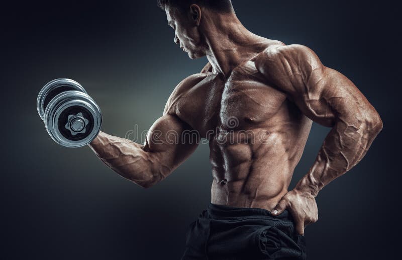 Handsome power athletic man in training pumping up muscles with dumbbell. Strong bodybuilder with six pack, perfect abs, shoulders, biceps, triceps and chest. Image with clipping path. Handsome power athletic man in training pumping up muscles with dumbbell. Strong bodybuilder with six pack, perfect abs, shoulders, biceps, triceps and chest. Image with clipping path