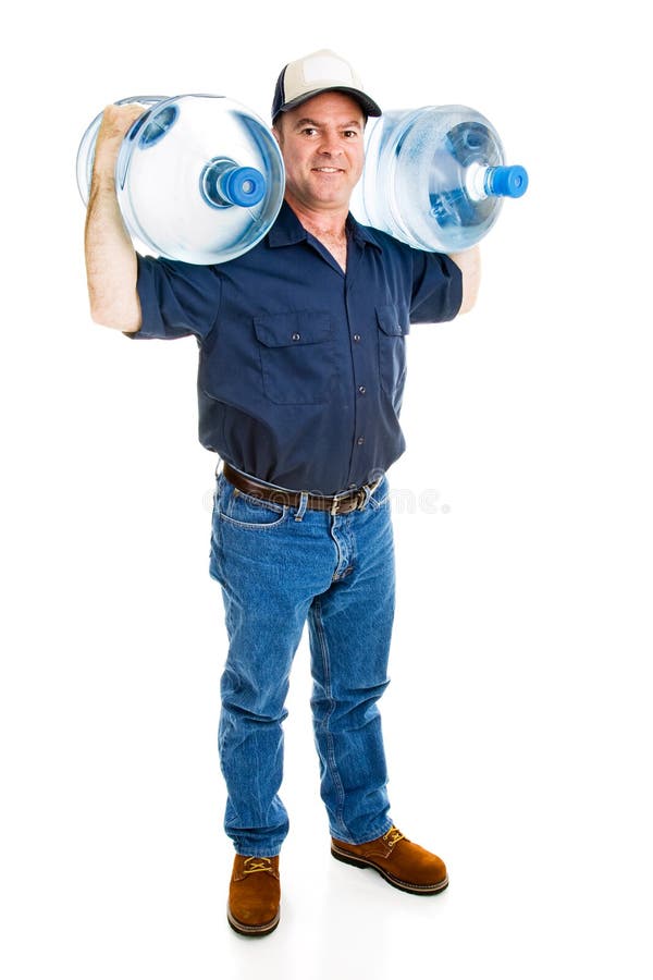 Water delivery man carrying two full five gallon jugs on his shoulders. Full body isolated on white. Water delivery man carrying two full five gallon jugs on his shoulders. Full body isolated on white.