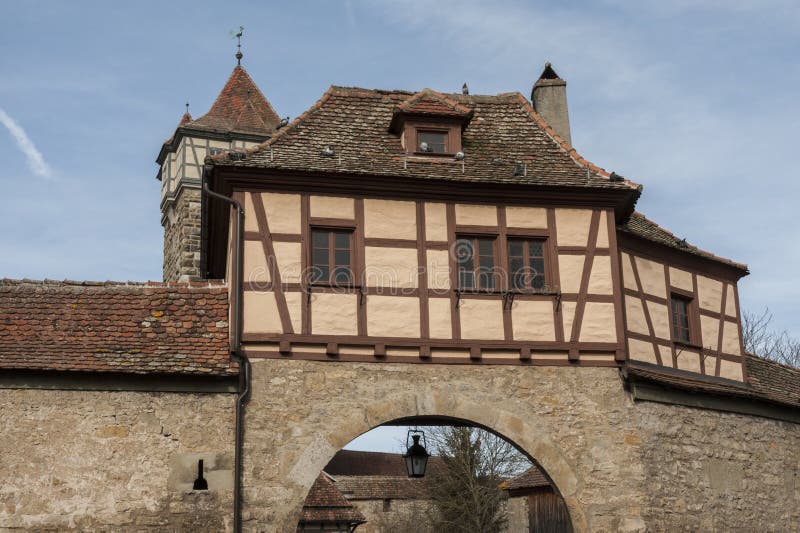 The stronghold gate in the medieval town Rothenburg ob der Tauber, one of the most beautiful and romantic villages in Germany