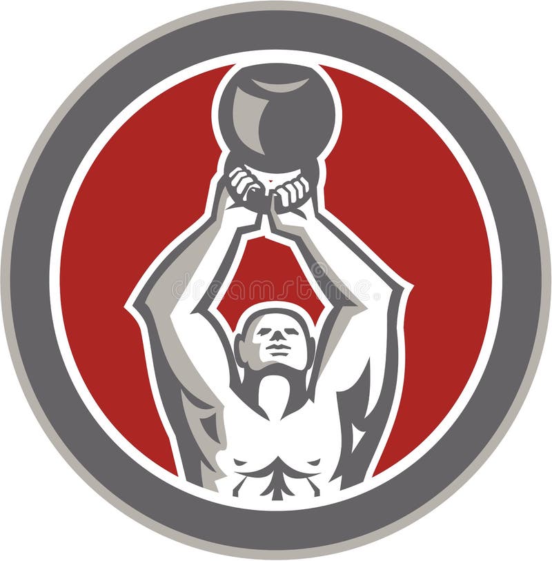 Strongman Lifting Up Kettlebell Circle Retro