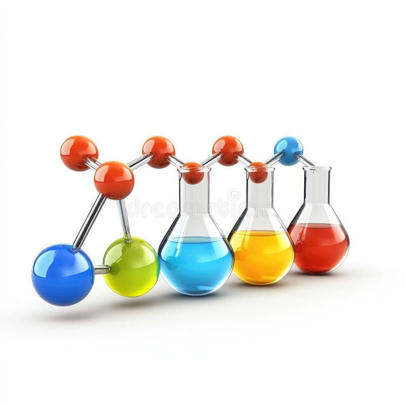 Structure moléculaire colorée avec les flacons Erlenmeyer remplis de liquides illustration de vecteur