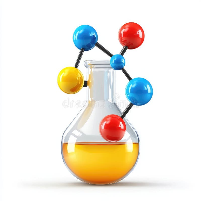 Structure moléculaire colorée en flacon de verre avec liquide jaune illustration de vecteur