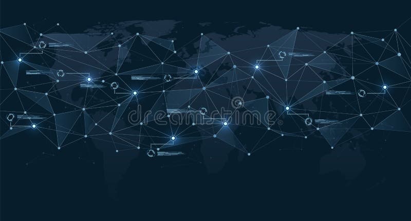 Structure of polygonal connections on world map. Global network and digital data visualization. vector illustration