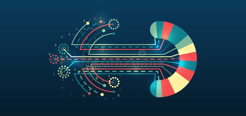 Structuring the flow of information. Data analytics concept. Sorting a large amount of data on a dark background. Big data stock illustration