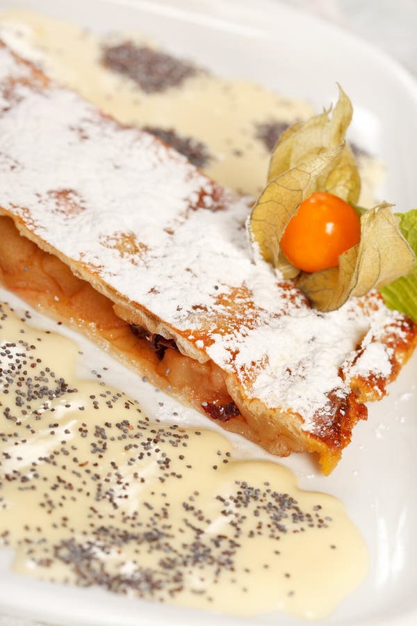Apple strudel on the plate. Serve vanilla stock images, royalty-free photos and pictures