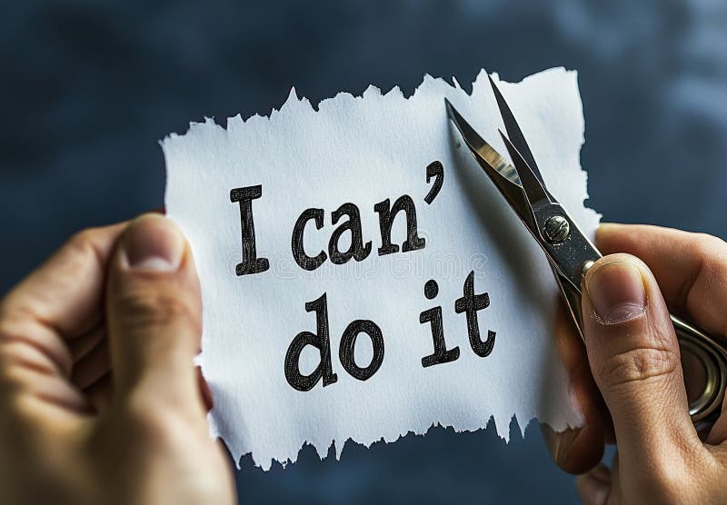 Struggling with Self-Doubt: Hand holding scissors cutting paper with I can\'t do it text on white background vector illustration