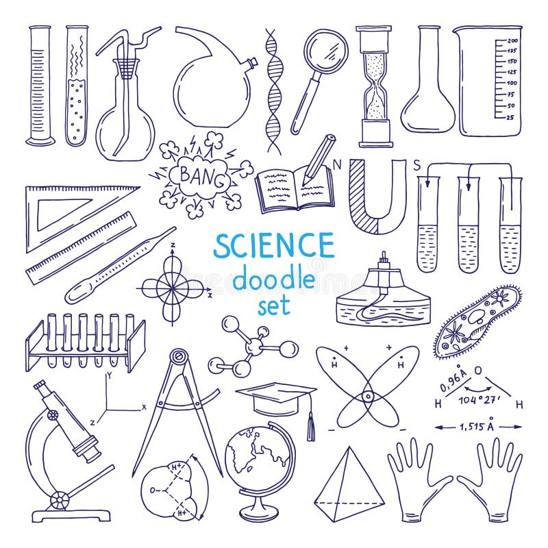 Strumenti delle scienze isolati su bianco Attrezzatura di tecnologia, classe di Biologia Illustrazioni disegnate a mano illustrazione vettoriale