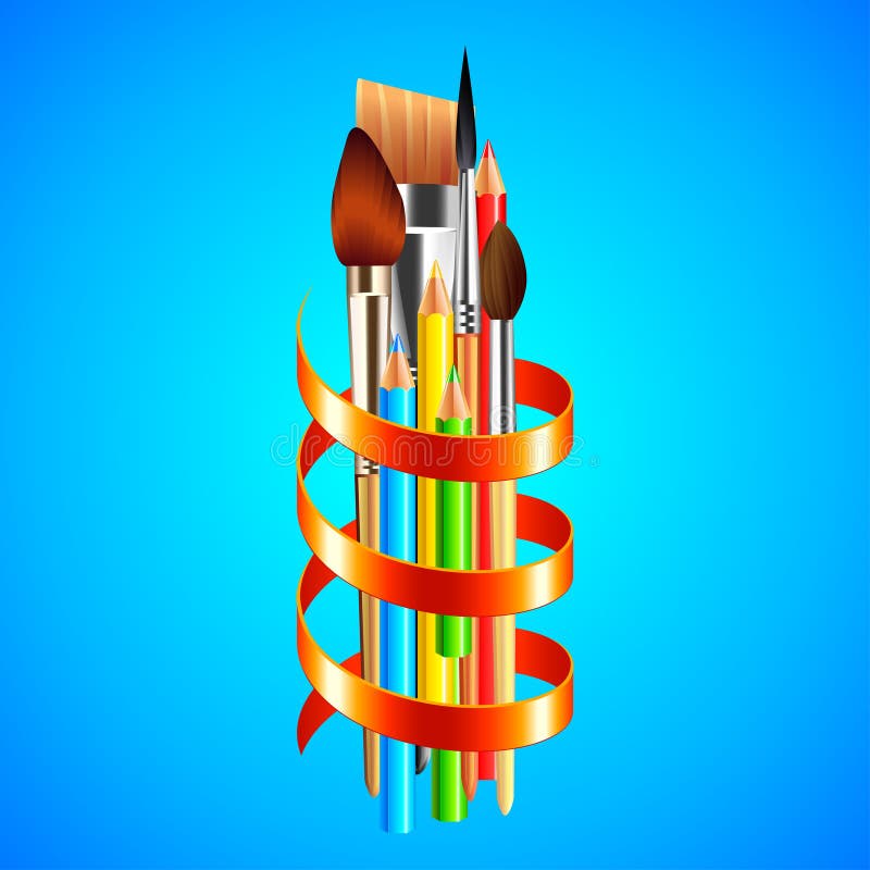 Strumenti di arte avvolti con il nastro rosso su fondo blu illustrazione vettoriale Strumenti di arte avvolti con il nastro rosso su fondo blu illustrazione vettoriale