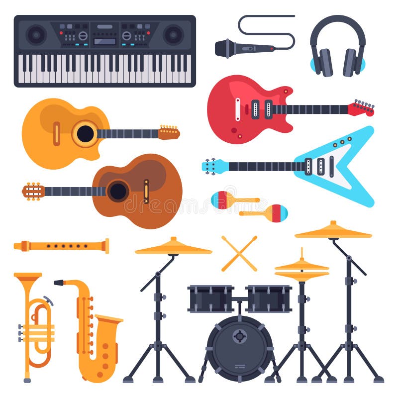 Strumenti di musica Tamburo dell'orchestra, sintetizzatore del piano e chitarre acustiche Insieme piano di vettore dello strument illustrazione vettoriale