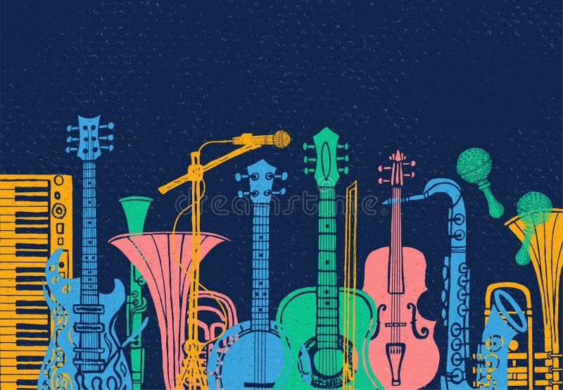 Strumenti musicali, chitarra, fiddle, violino, clarinetto, banjo, trombone, tromba, sassofono, sax Illustrazione disegnata a mano royalty illustrazione gratis