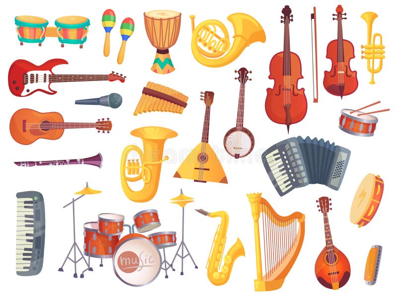 Strumenti musicali del fumetto, chitarre, tamburi di bongo, violoncello, sassofono, microfono, batteria isolata È un contenuto re illustrazione di stock