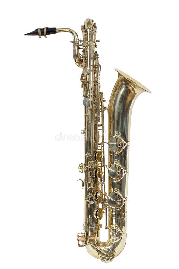 classic musical instrument gold color baritone saxophone isolated on white background. classic musical instrument gold color baritone saxophone isolated on white background