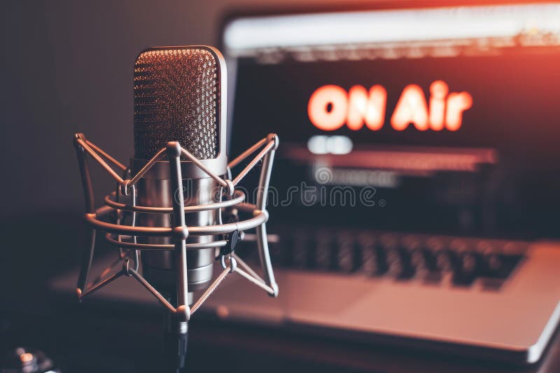 Strumieniowe przesyłanie podkastów na air home studio podcast interire. notebook mikrofonowy i tekst na antenie obrazy stock