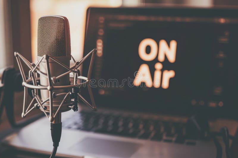 Strumieniowe przesyłanie podkastów na air home studio podcast interire. notebook mikrofonowy i tekst na antenie obraz royalty free
