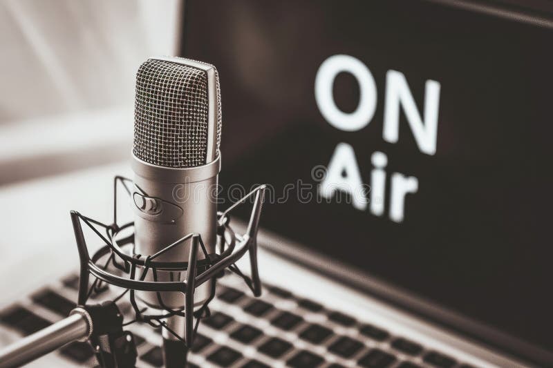Strumieniowe przesyłanie podkastów na air home studio podcast interire. notebook mikrofonowy i tekst na antenie zdjęcia royalty free
