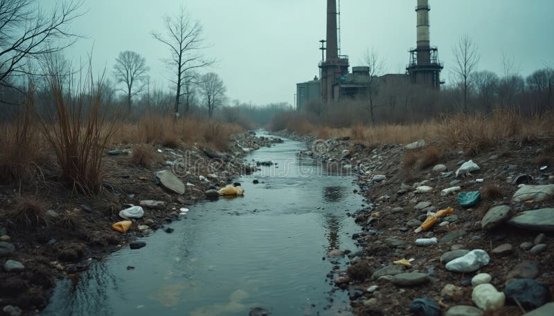 Strumień zanieczyszczający odpady przemysłowe. Fabryka emituje zanieczyszczenia do wody. Odpady śmieci zanieczyszczone plastikiem ilustracja wektor