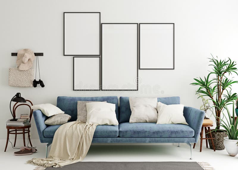 Struttura alta falsa del manifesto nel fondo interno moderno dei blu acciai, salone, stile scandinavo illustrazione vettoriale