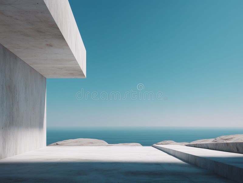 Struttura architettonica minimalista generata dal mare sotto un cielo limpido illustrazione di stock