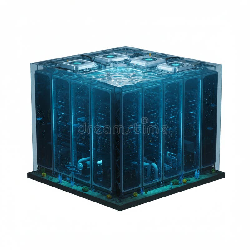 Struttura cubo traslucida di grandi dimensioni simile a una server farm futuristica riempita di una illustrazione di stock