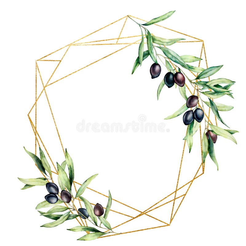 Struttura dorata poligonale dell'acquerello con il ramo di olivo, le olive nere e le foglie Etichetta floreale disegnata a mano i royalty illustrazione gratis Struttura dorata poligonale dell'acquerello con il ramo di olivo, le olive nere e le foglie Etichetta floreale disegnata a mano i royalty illustrazione gratis