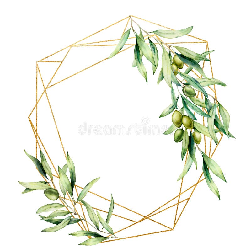 Struttura dorata poligonale dell'acquerello con il ramo di olivo, le olive verdi e le foglie Etichetta floreale disegnata a mano illustrazione vettoriale Struttura dorata poligonale dell'acquerello con il ramo di olivo, le olive verdi e le foglie Etichetta floreale disegnata a mano illustrazione vettoriale
