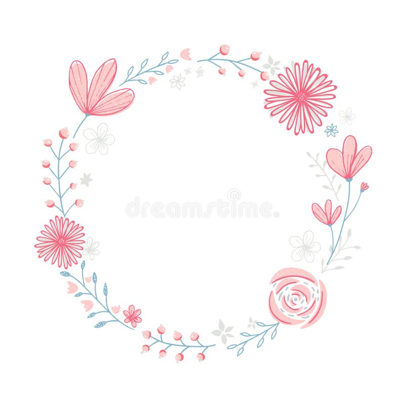 Struttura floreale della corona con copyspace Fiori disegnati a mano e rami di rosa pastello