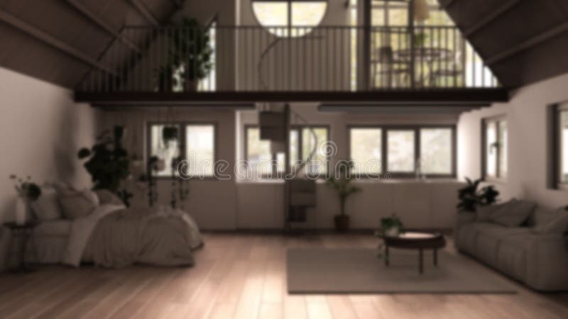 Struttura interna di sfondo sfocato: loft con mezzanine e scale, parquet, finestre appartamento in studio, spazio aperto, camera fotografia stock libera da diritti Struttura interna di sfondo sfocato: loft con mezzanine e scale, parquet, finestre appartamento in studio, spazio aperto, camera fotografia stock libera da diritti