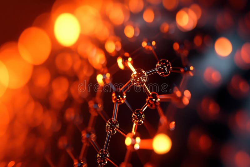 Struttura molecolare illuminata da vibrante luce arancione e rossa in un design astratto illustrazione vettoriale