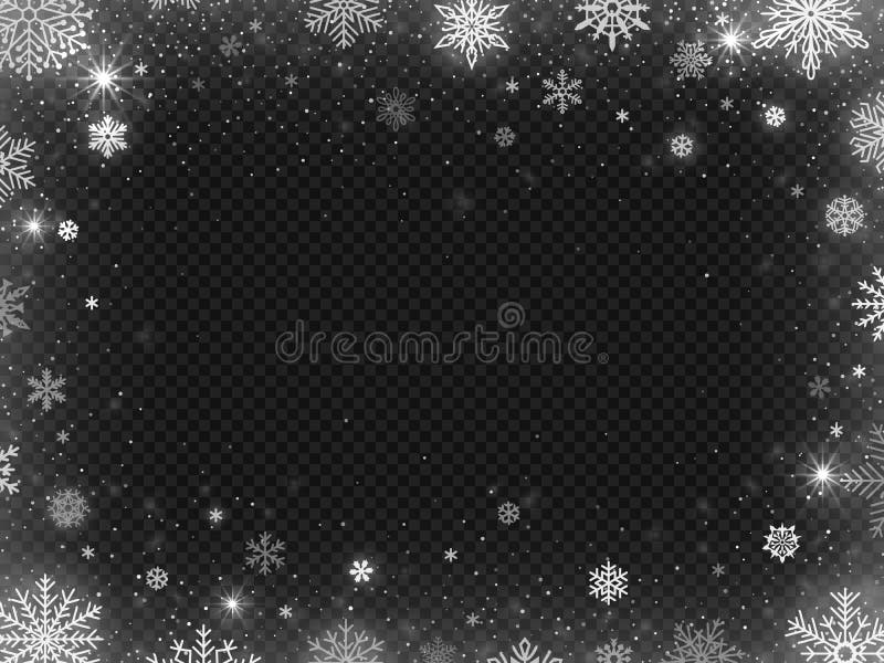 Struttura nevicata del confine La neve di festa di Natale, i fiocchi di neve della bufera di neve del gelo della radura ed il fio illustrazione di stock Struttura nevicata del confine La neve di festa di Natale, i fiocchi di neve della bufera di neve del gelo della radura ed il fio illustrazione di stock