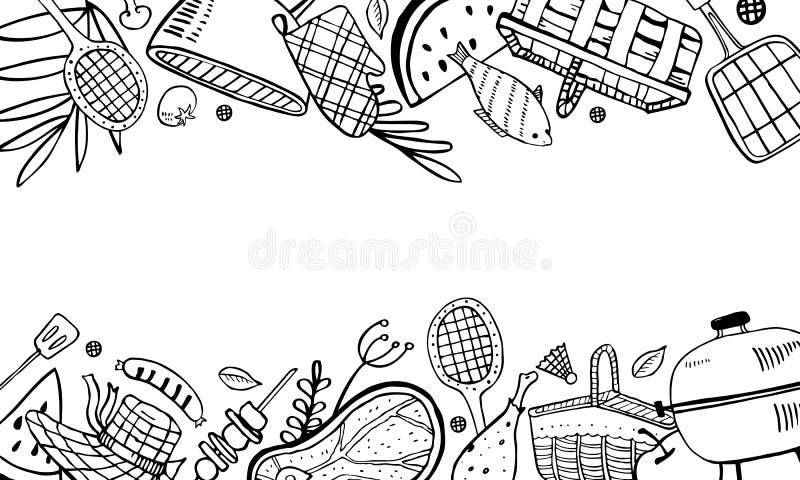 Struttura rettangolare con il picnic, estate che mangiano fuori ed oggetti del barbecue su alto e su basso Illustrazione di schiz illustrazione vettoriale Struttura rettangolare con il picnic, estate che mangiano fuori ed oggetti del barbecue su alto e su basso Illustrazione di schiz illustrazione vettoriale