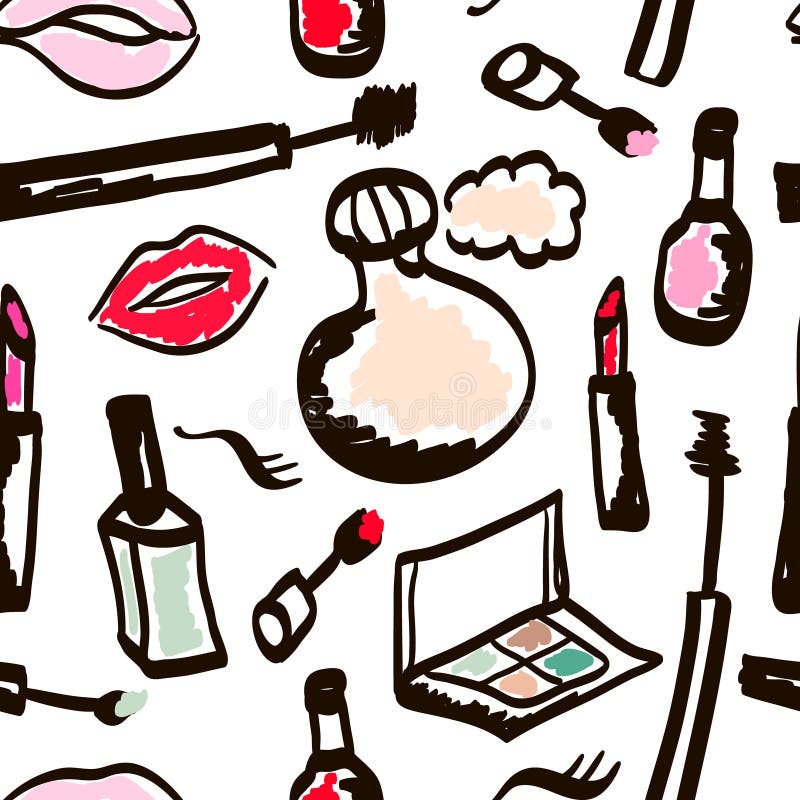 Struttura senza cuciture con stile disegnato decorativo dei cosmetici a disposizione illustrazione vettoriale Struttura senza cuciture con stile disegnato decorativo dei cosmetici a disposizione illustrazione vettoriale