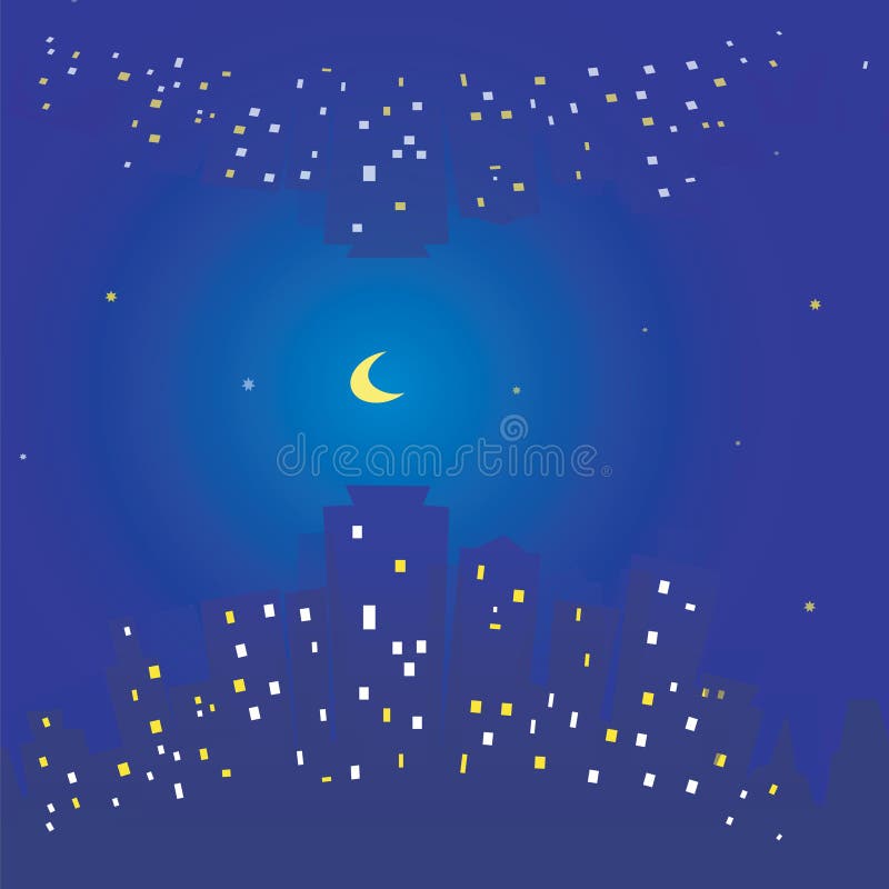 Struttura senza cuciture delle stelle e della luna del cielo della città di notte Costruzioni e luce in finestre illustrazione vettoriale Struttura senza cuciture delle stelle e della luna del cielo della città di notte Costruzioni e luce in finestre illustrazione vettoriale