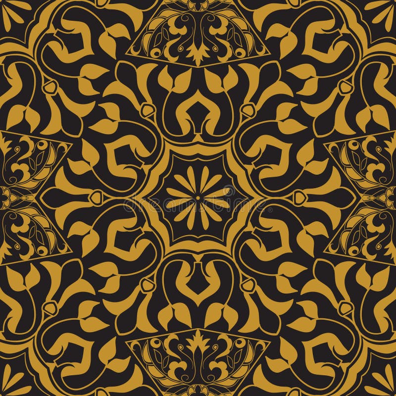 Struttura senza giunte di vettore Modello d'annata dorato su fondo nero Arabesque ed ornamenti floreali illustrazione vettoriale Struttura senza giunte di vettore Modello d'annata dorato su fondo nero Arabesque ed ornamenti floreali illustrazione vettoriale