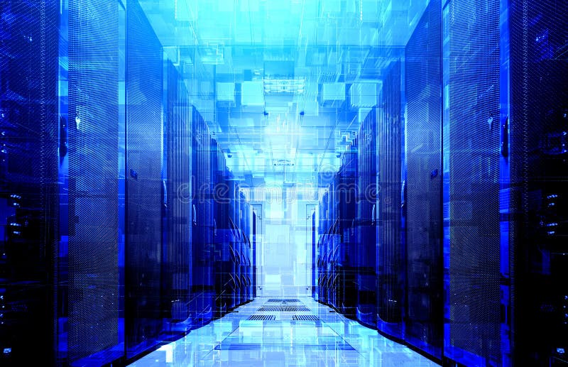Struttura virtuale dell'illustrazione 3D del Cyberspace dei cubi espelsi sui precedenti del centro dati moderno con la lampadina immagine stock libera da diritti