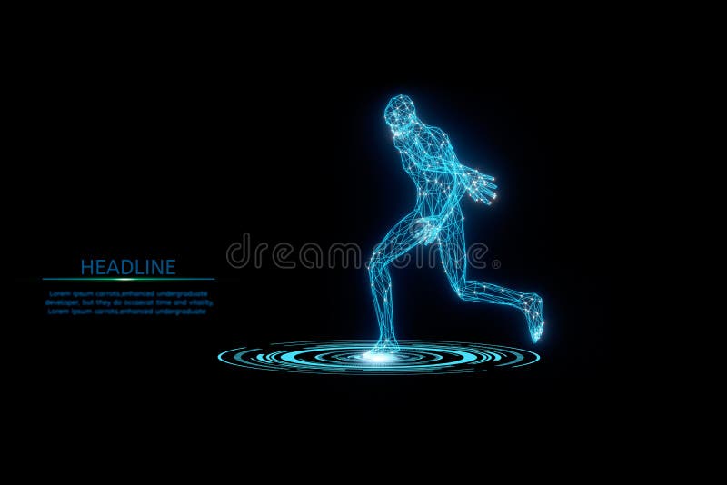 Struttura wireframe futuristica corpo umano attivo 3d rendering modello illustrativo punto poligonale e concetto di linea medicina royalty illustrazione gratis