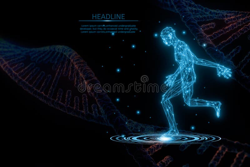 Struttura wireframe futuristica corpo umano attivo e dna 3d modello illustrazione punto poligonale e concetto di linea medicina e illustrazione di stock