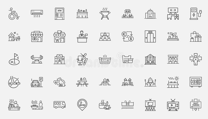 Strutture alberghiere linee set di icone di disegno servizi di viaggio ospitalità. Linee alberghiere alberghiere servizi di ospitalità per viaggi generati
