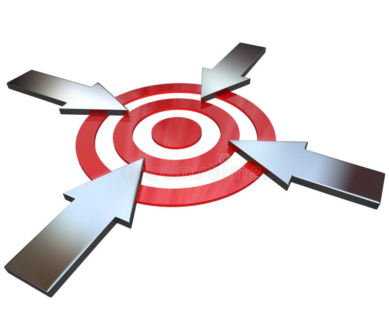Four opposing arrows approach a bullseye target from 4 different directions in competition to be first to be successful and reach the goal and win. Four opposing arrows approach a bullseye target from 4 different directions in competition to be first to be successful and reach the goal and win