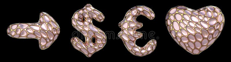 Strzałka kolekcji symboli, dolar, euro, serce zrobione z 3d renderowanych niebieskich diamentów royalty ilustracja