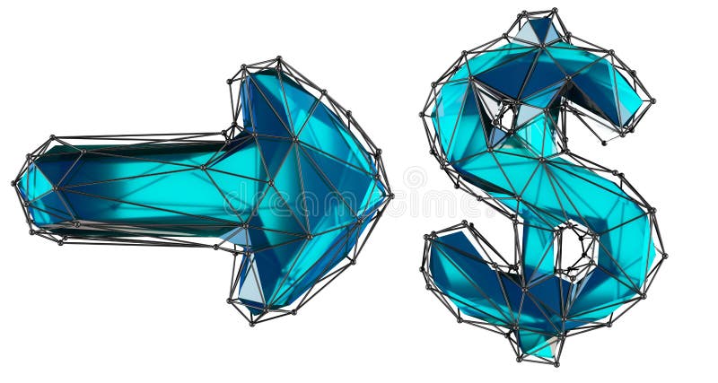 Strzałka kolekcji symboli i dolar z niebieskiego koloru renderowania 3D Kolekcja symboli o niskim stylu poli ilustracja wektor