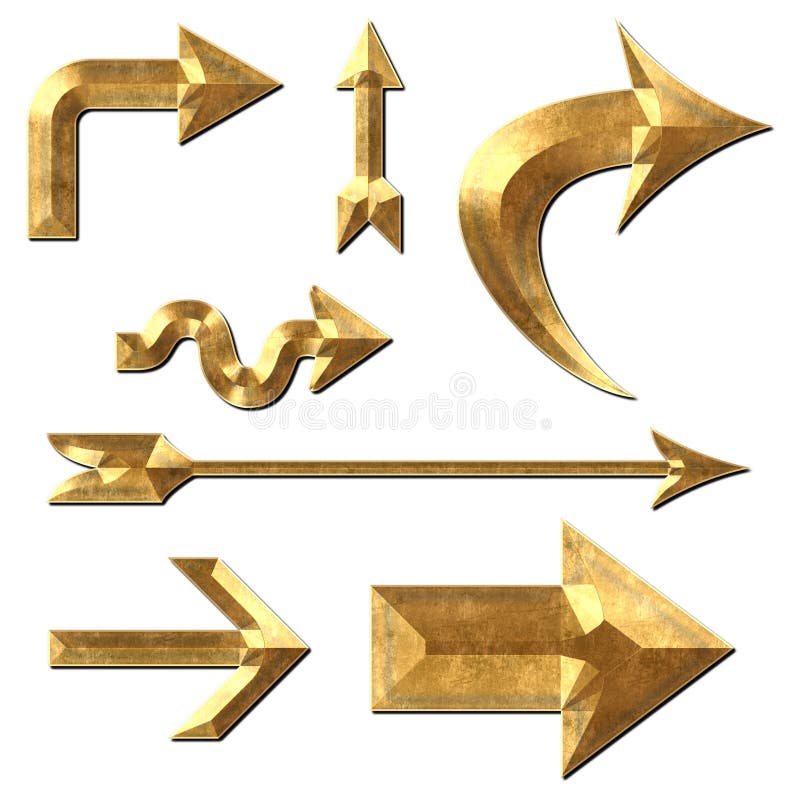 Collection of arrow illustrations in gold metal on white isolate background. Collection of arrow illustrations in gold metal on white isolate background.