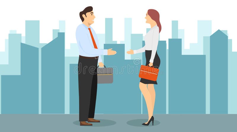 Strângere de mână de salut. un bărbat și o femeie se salută reciproc. ilustrarea vectorială a unei întreprinderi și a unui om de a stock illustration