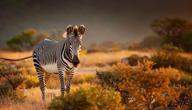 En slående Burchells zebra promenerar över savannen i skymningen och visar dramatiska svartvita kontraster med jordnära toner royaltyfri illustrationer