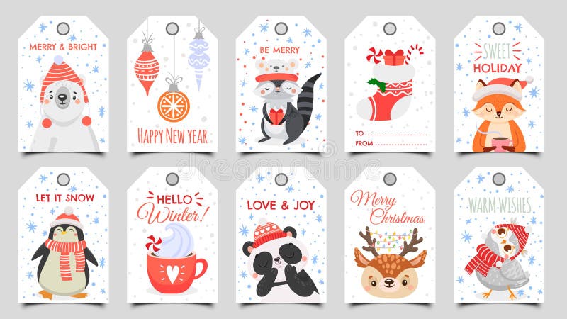 Stråldjur, julmärken Bladbricka med vinteruggla, hjortar och björnar Grattis på djurfirma xmas-etikett stock illustrationer