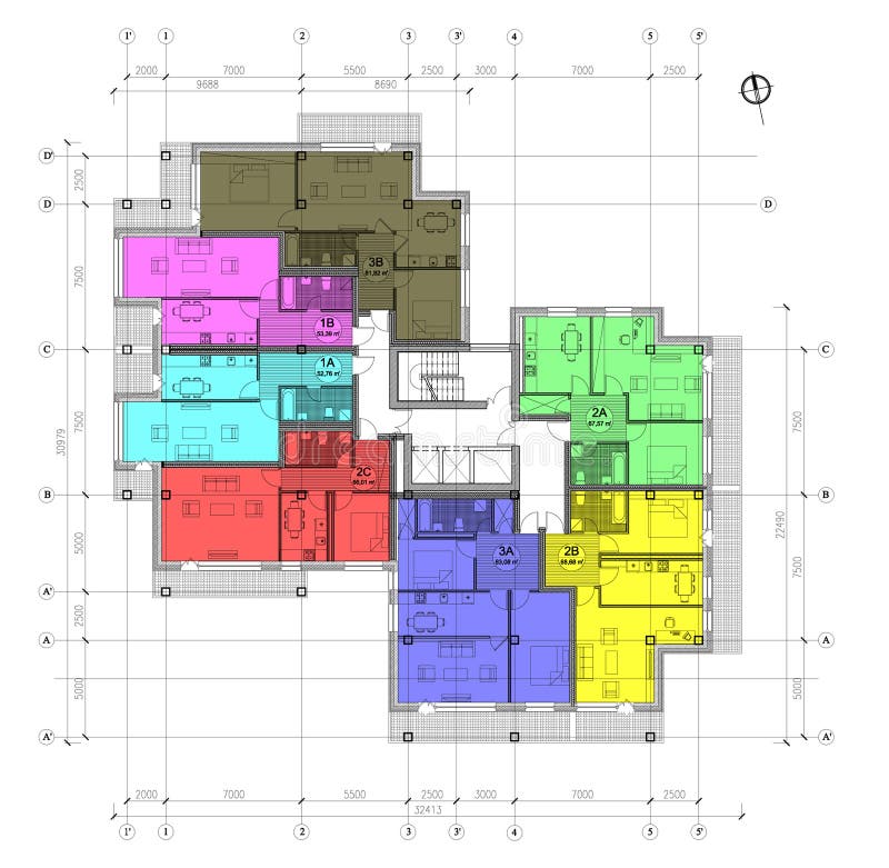 Drawing: typical floor plan of the multistory living house. Drawing: typical floor plan of the multistory living house